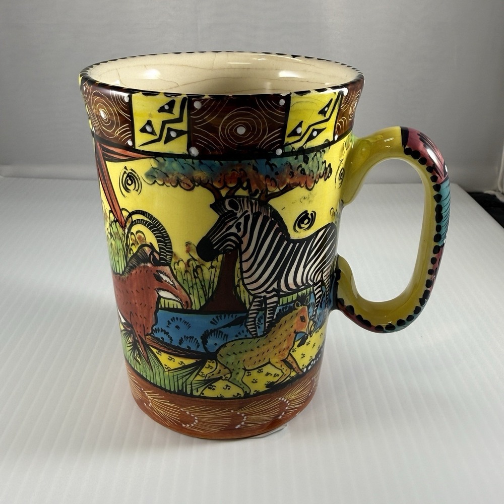 PENZO Zimbabwe Hand Painted, Signed, Giraffe Zebra Coffee Cup Mug